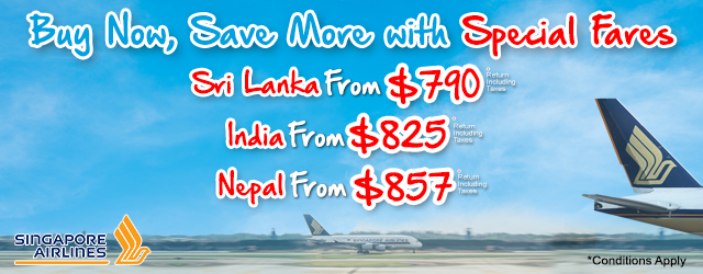 Special fares for Sri Lanka, India & Nepal from Singapore Airlines